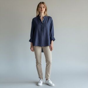 ANN MASHBURN Anaya linen blouse pop over long sleeve navy blue size Medium